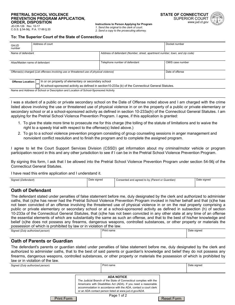 Form JD-CR-126 Pretrial School Violence Prevention Program Application, Order, Disposition - Connecticut, Page 1