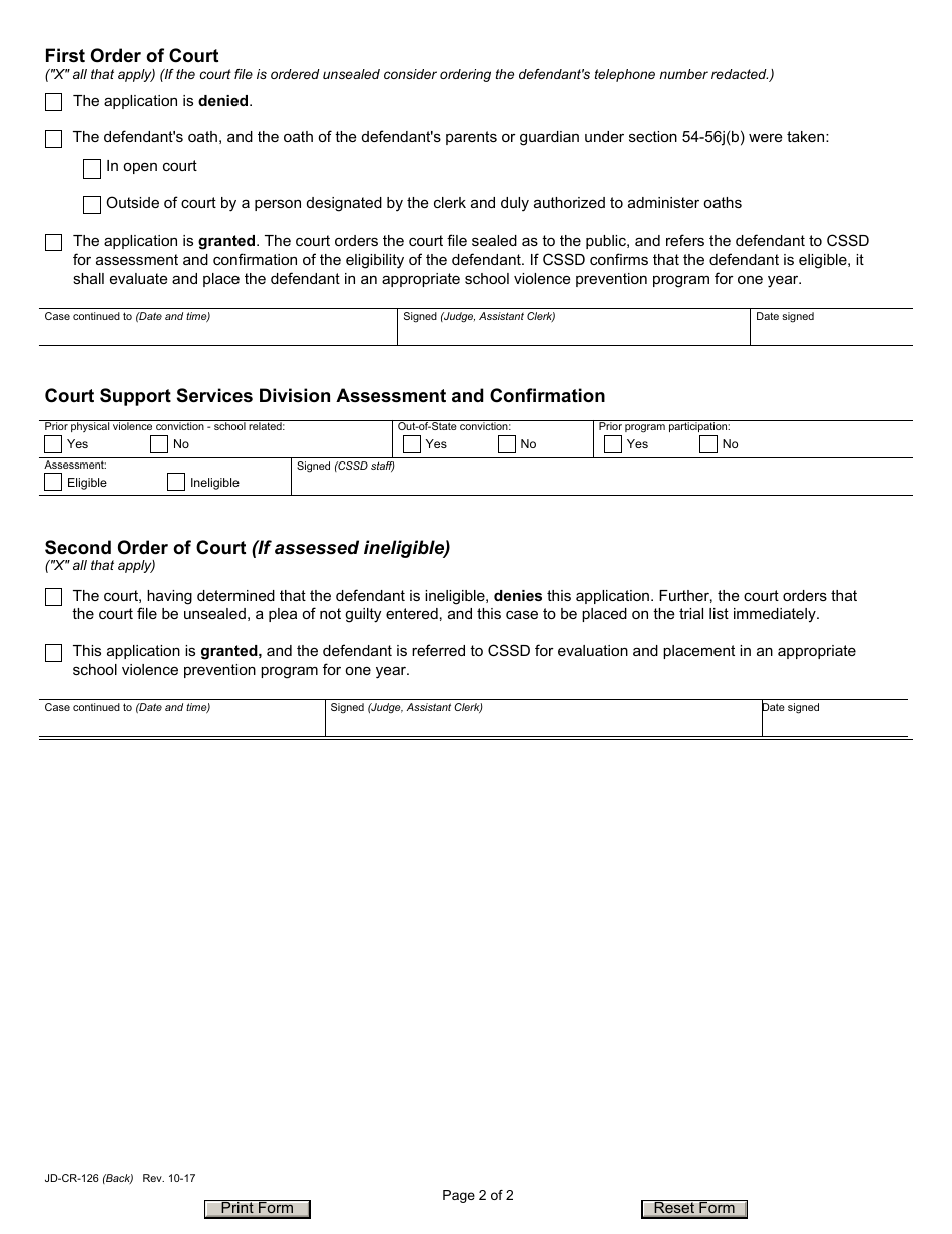 Form JD-CR-126 Pretrial School Violence Prevention Program Application, Order, Disposition - Connecticut, Page 2