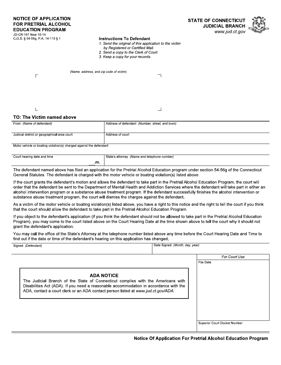 Form JD-CR-167 Notice of Application for Pretrial Alcohol Education Program - Connecticut, Page 1