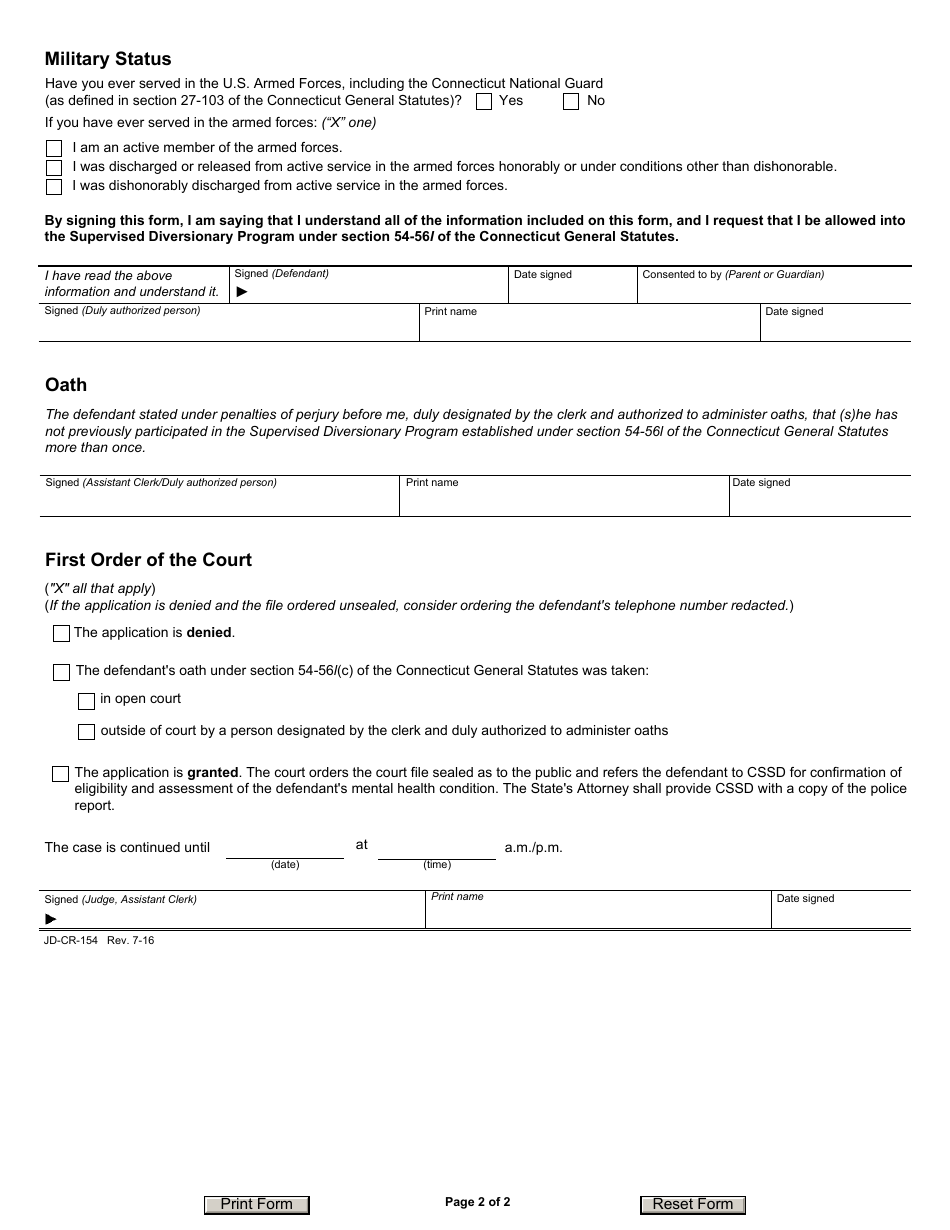 Form JD-CR-154 Application for Supervised Diversionary Program - Connecticut, Page 2