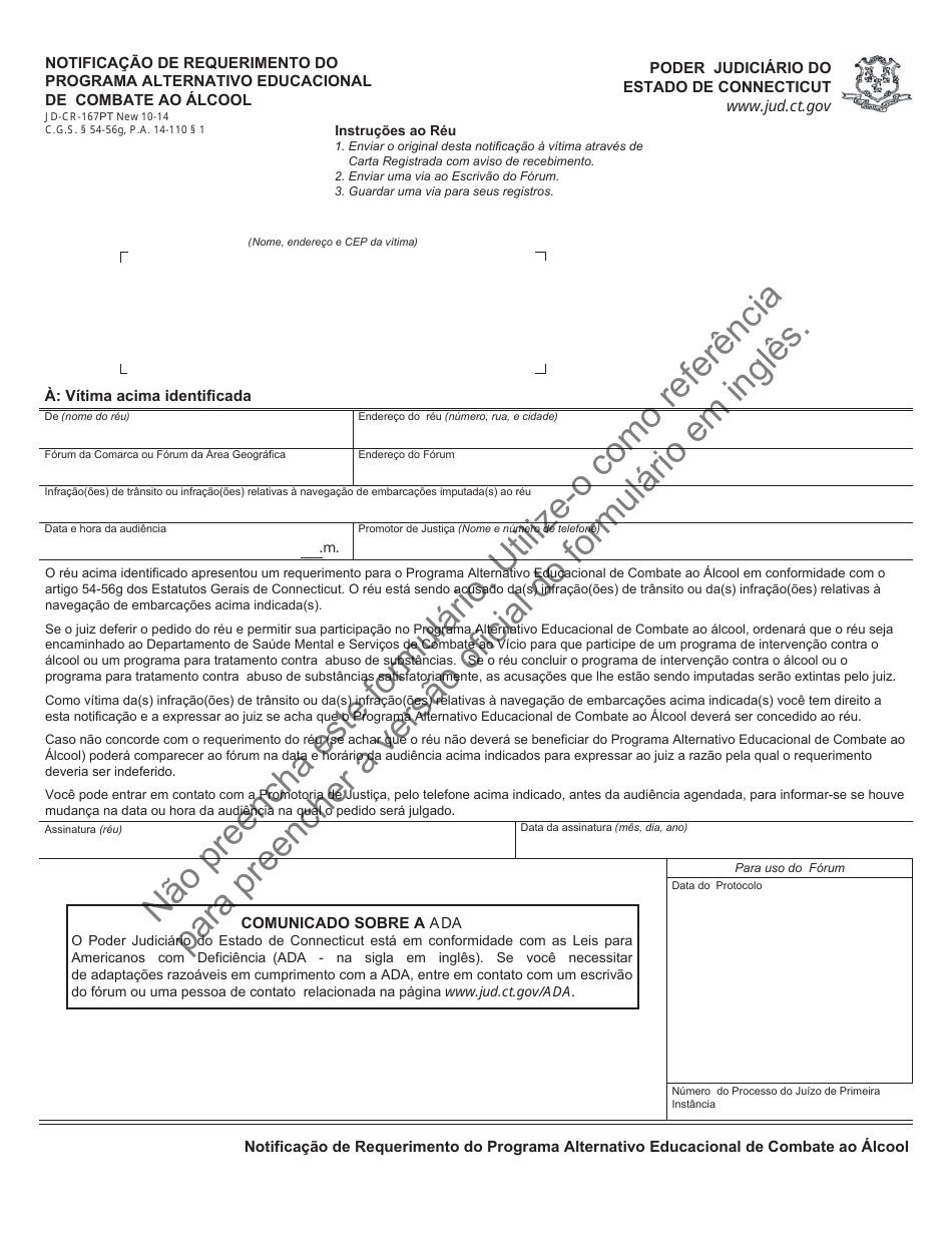 Form JD-CR-167PT Notice of Application for Pretrial Alcohol Education Program - Connecticut (Portuguese), Page 1