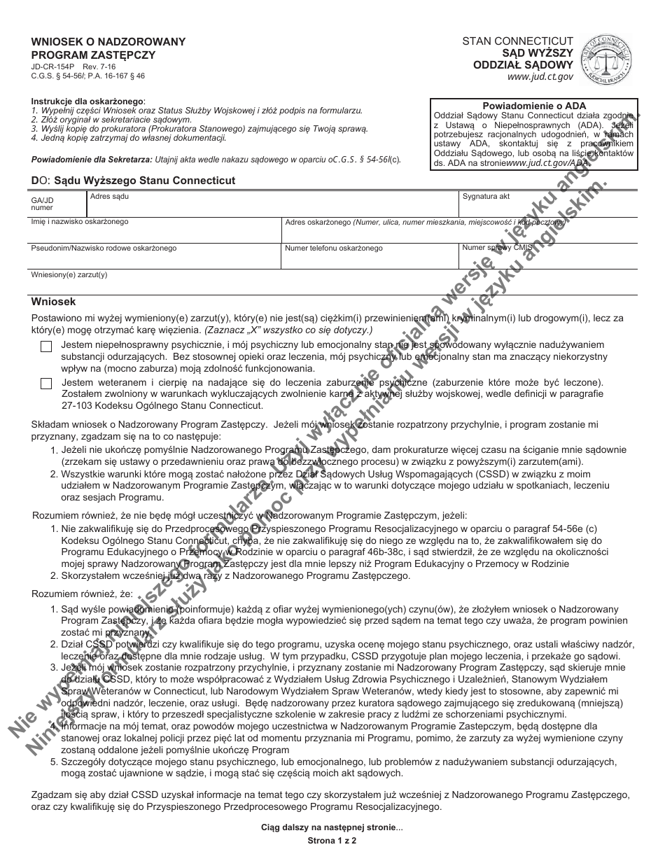Form JD-CR-154P Application for Supervised Diversionary Program - Connecticut (Polish), Page 1