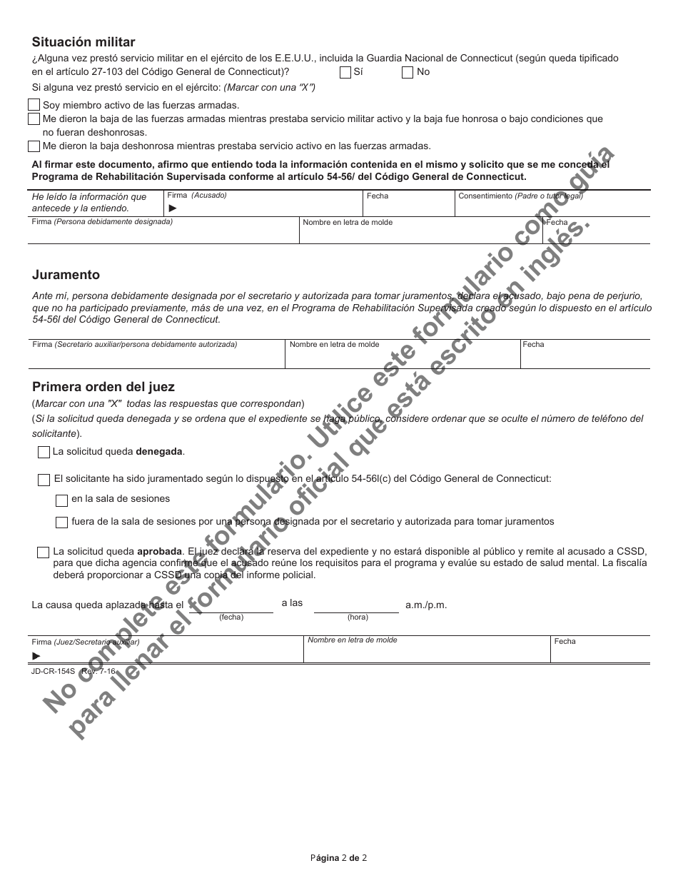 Formulario JD-CR-154S Solicitud Para El Programa De Rehabilitacion Supervisada - Connecticut (Spanish), Page 2
