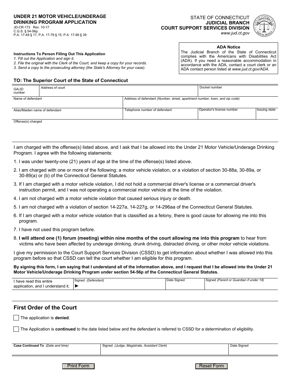 Form JD-CR-173 Under 21 Motor Vehicle / Underage Drinking Program Application - Connecticut, Page 1