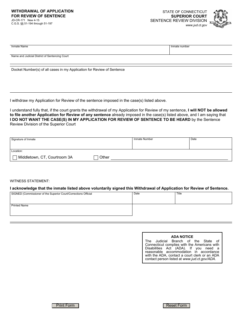 Form JD-CR-171 Withdrawal of Application for Review of Sentence - Connecticut (English / Spanish), Page 1