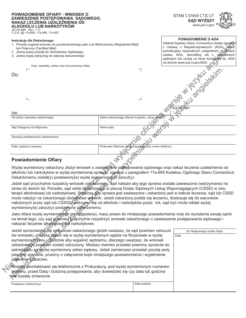 Form JD-CR-89P Notice to Victim - Motion for Suspension of Prosecution, Order of Treatment for Alcohol or Drug Dependency - Connecticut (Polish), Page 1