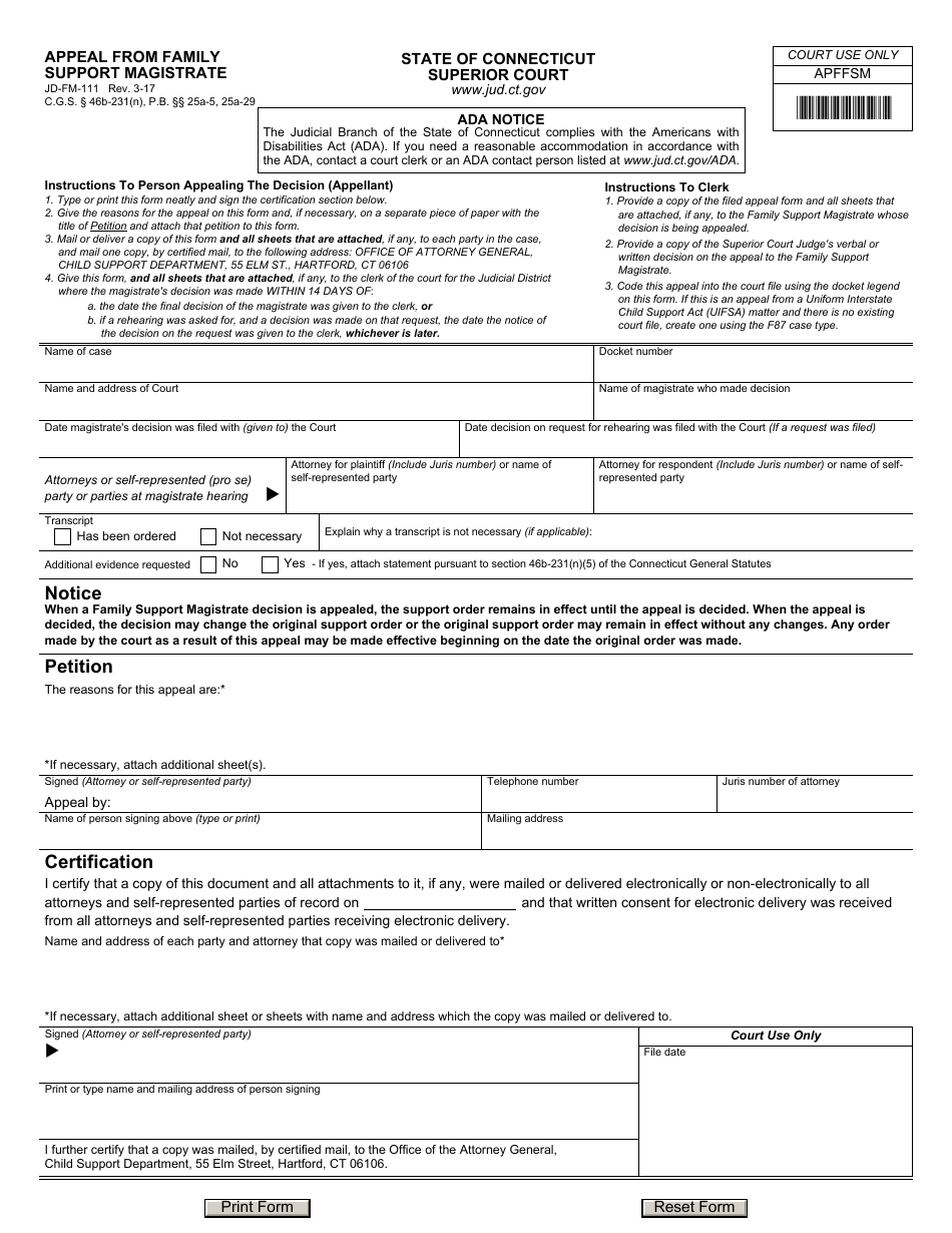 Form JD-FM-111 Download Fillable PDF or Fill Online Appeal From Family ...