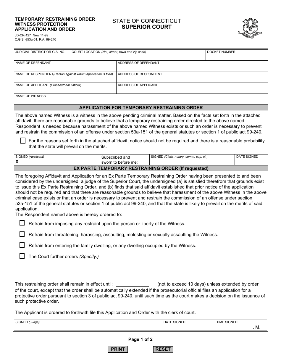 Form JD-CR-127 Temporary Restraining Order Witness Protection Application and Order - Connecticut, Page 1