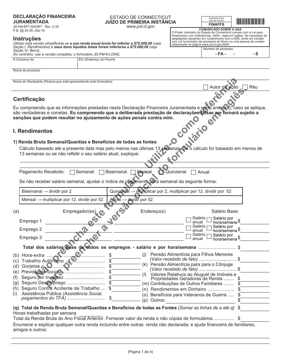 Form JD-FM-6PT-SHORT Financial Affidavit - Connecticut (Portuguese), Page 1