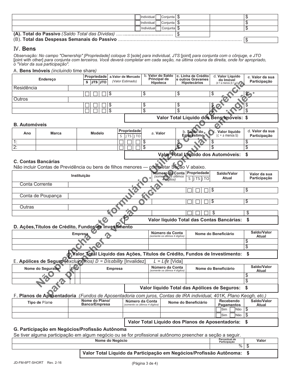 Form JD-FM-6PT-SHORT Financial Affidavit - Connecticut (Portuguese), Page 3