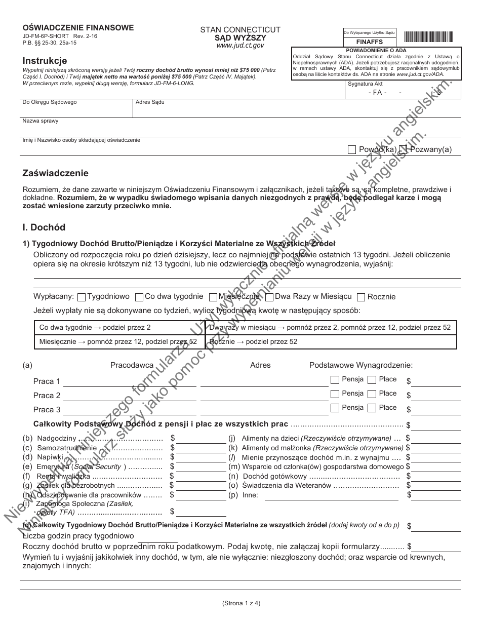 Form JD-FM-6P-SHORT Financial Affidavit - Connecticut (Polish), Page 1