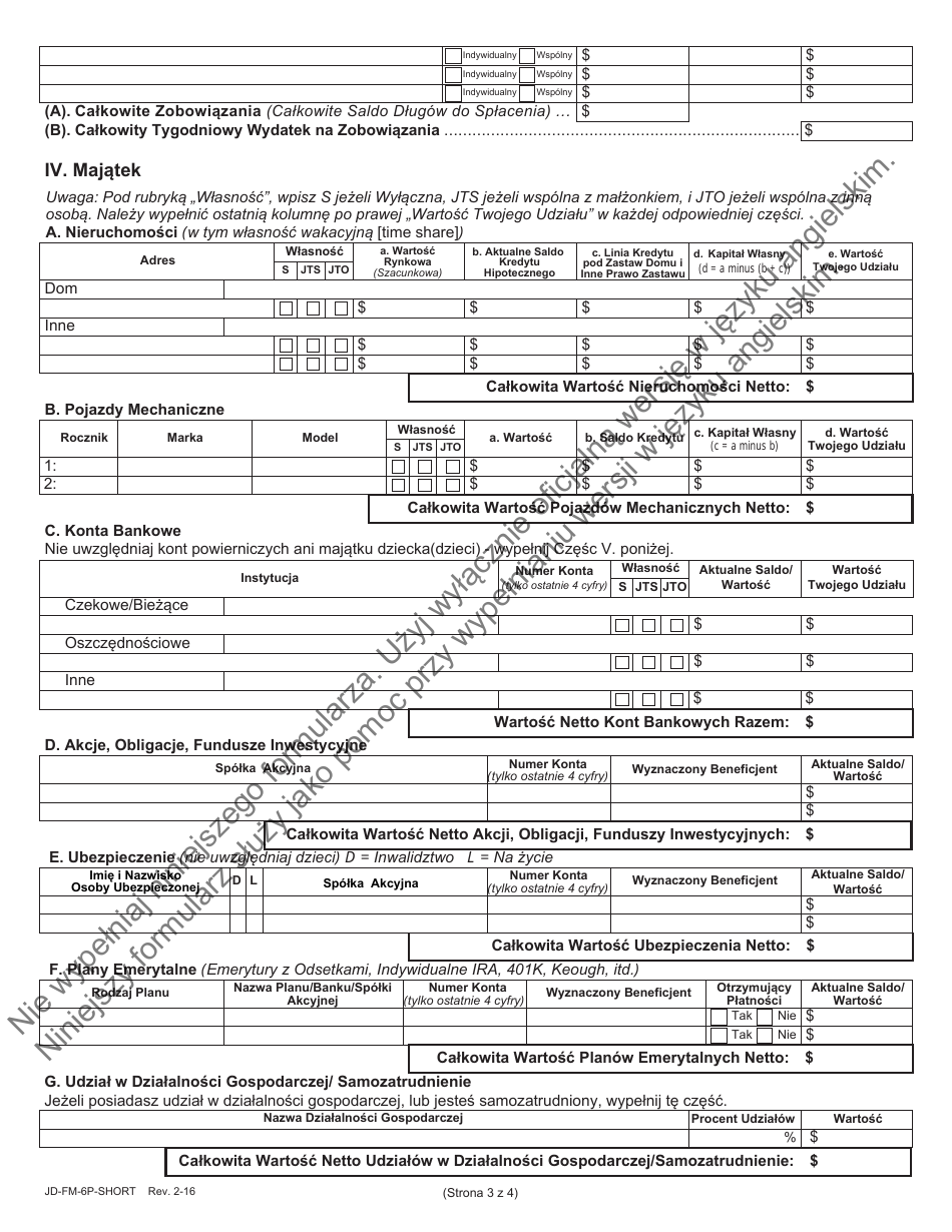 Form JD-FM-6P-SHORT Financial Affidavit - Connecticut (Polish), Page 3
