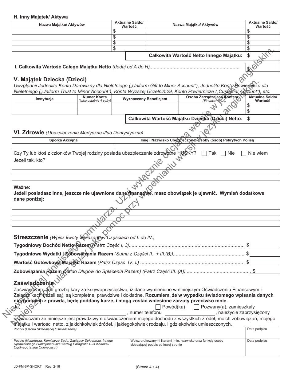 Form JD-FM-6P-SHORT Financial Affidavit - Connecticut (Polish), Page 4