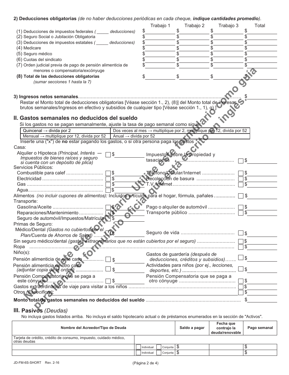 Formulario JD-FM-6S-SHORT Declaracion Jurada De Recursos Economicos - Connecticut (Spanish), Page 2