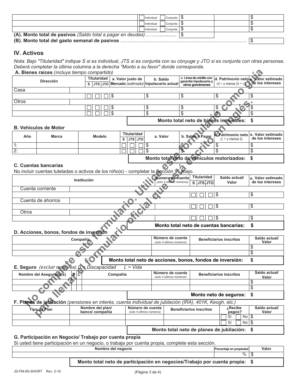 Formulario JD-FM-6S-SHORT Declaracion Jurada De Recursos Economicos - Connecticut (Spanish), Page 3