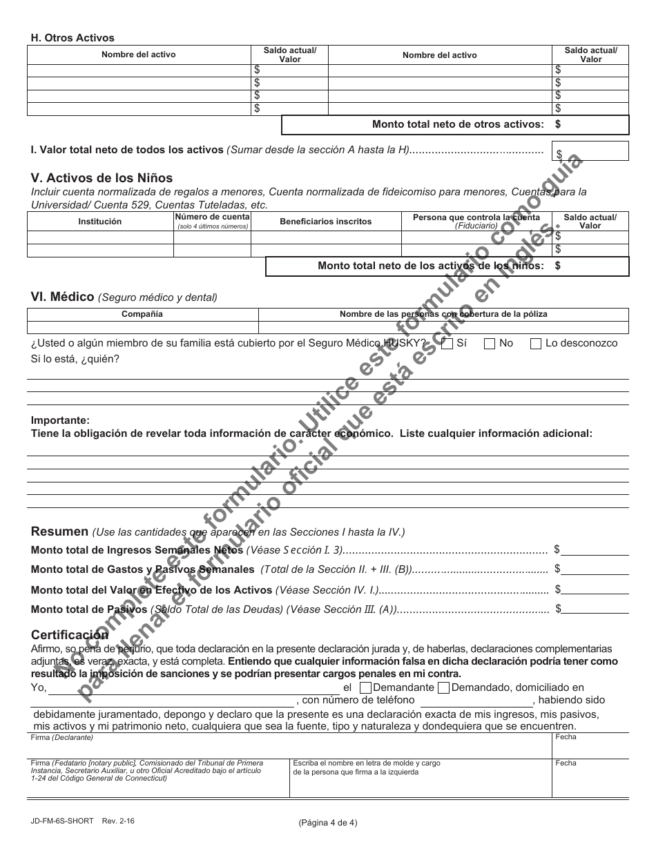 Formulario JD-FM-6S-SHORT Declaracion Jurada De Recursos Economicos - Connecticut (Spanish), Page 4