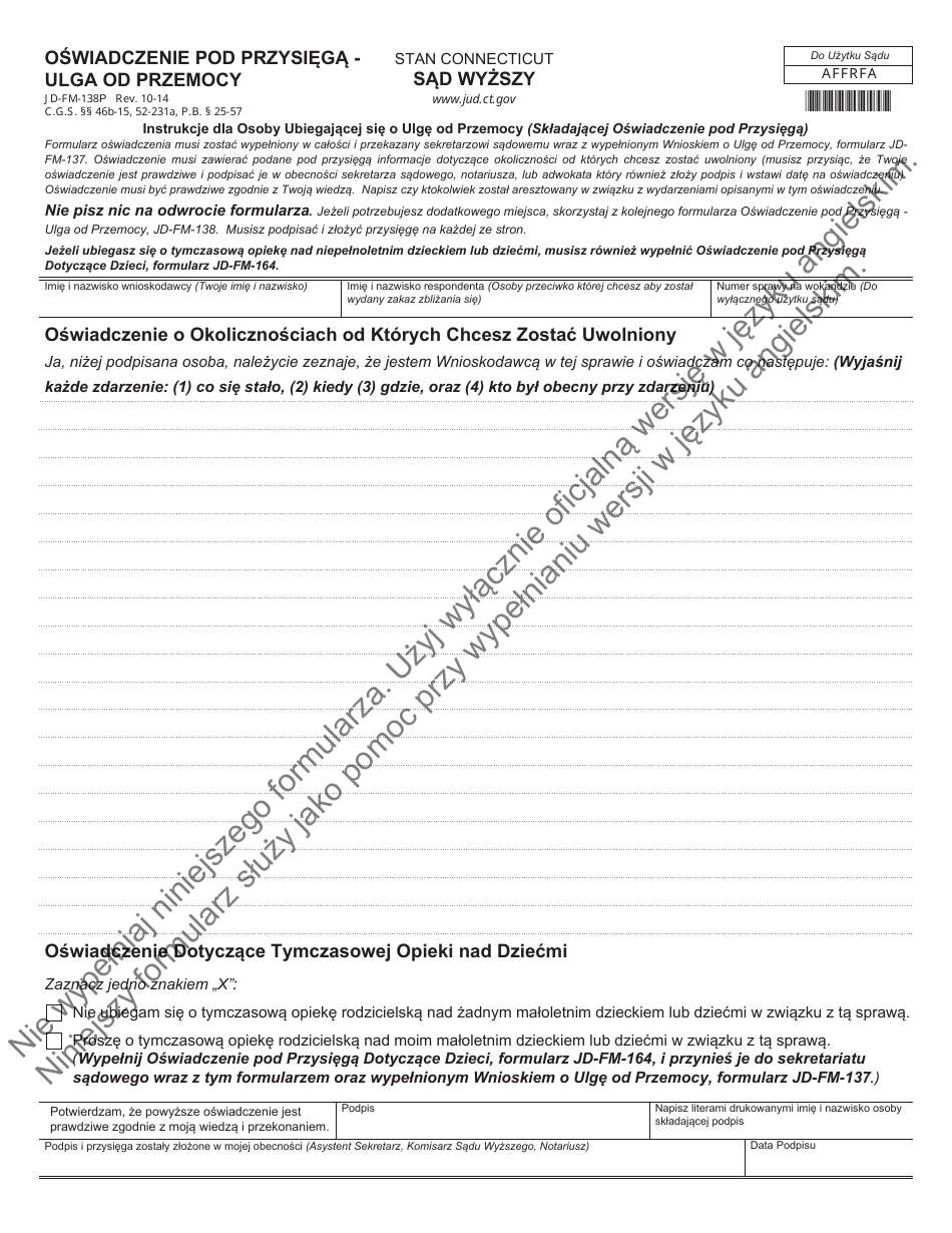 Form JD-FM-138P Affidavit - Relief From Abuse - Connecticut (Polish), Page 1