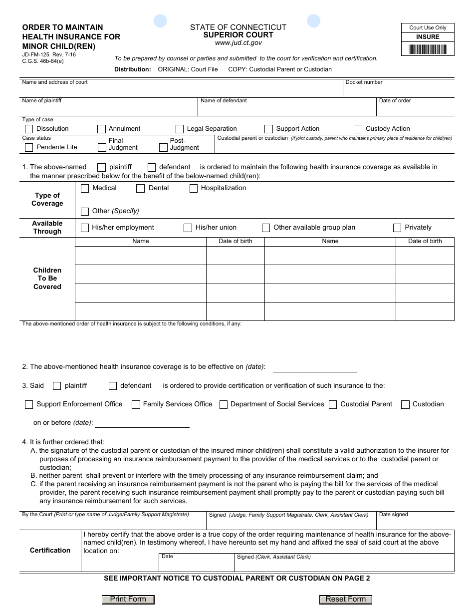 Form JD-FM-125 Order to Maintain Health Insurance for Minor Child(Ren) - Connecticut, Page 1