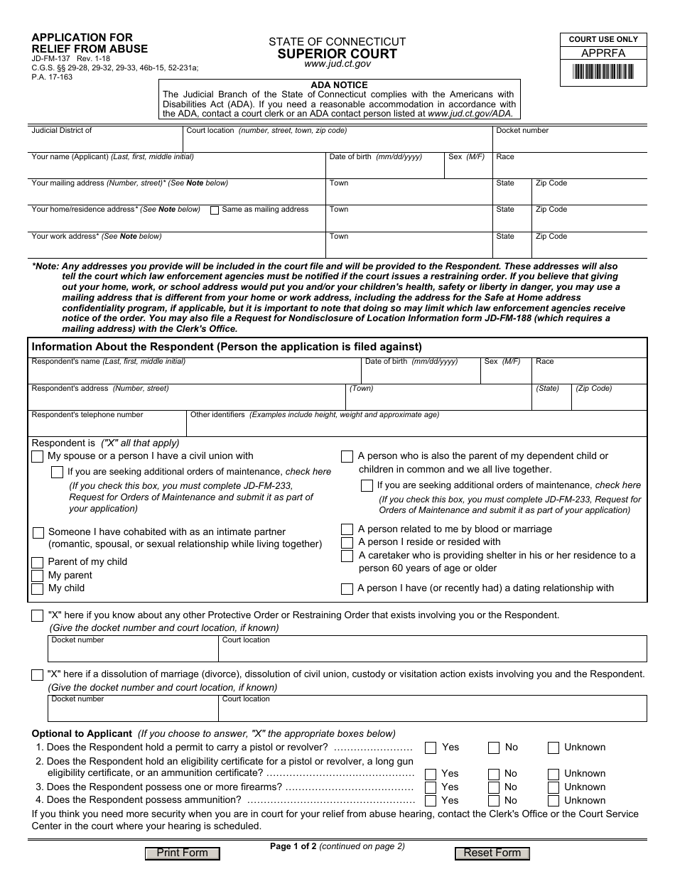 Form JD-FM-137 Application for Relief From Abuse - Connecticut, Page 1