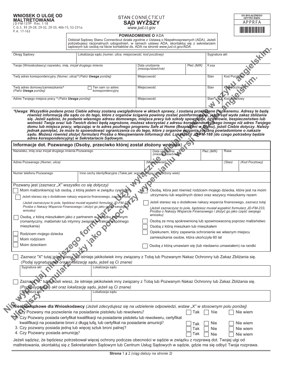 Form JD-FM-137P Application for Relief From Abuse - Connecticut (Polish), Page 1