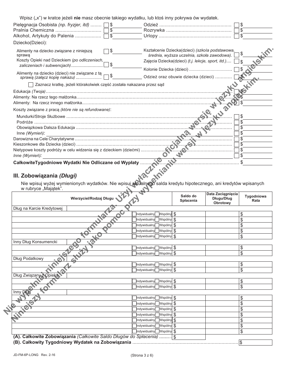 Form JD-FM-6P-LONG Financial Affidavit - Connecticut (Polish), Page 3
