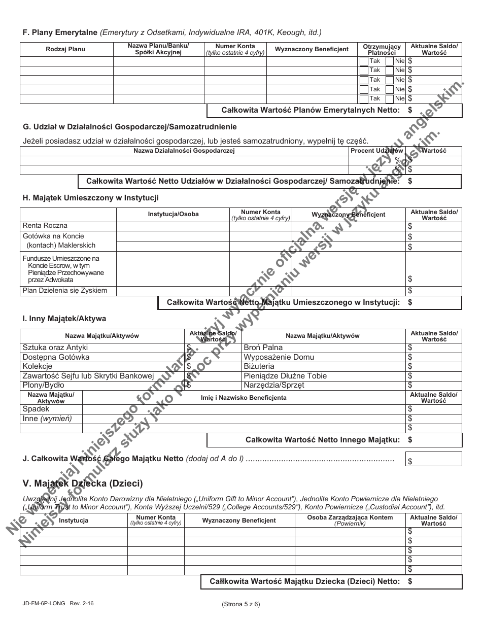 Form JD-FM-6P-LONG Financial Affidavit - Connecticut (Polish), Page 5