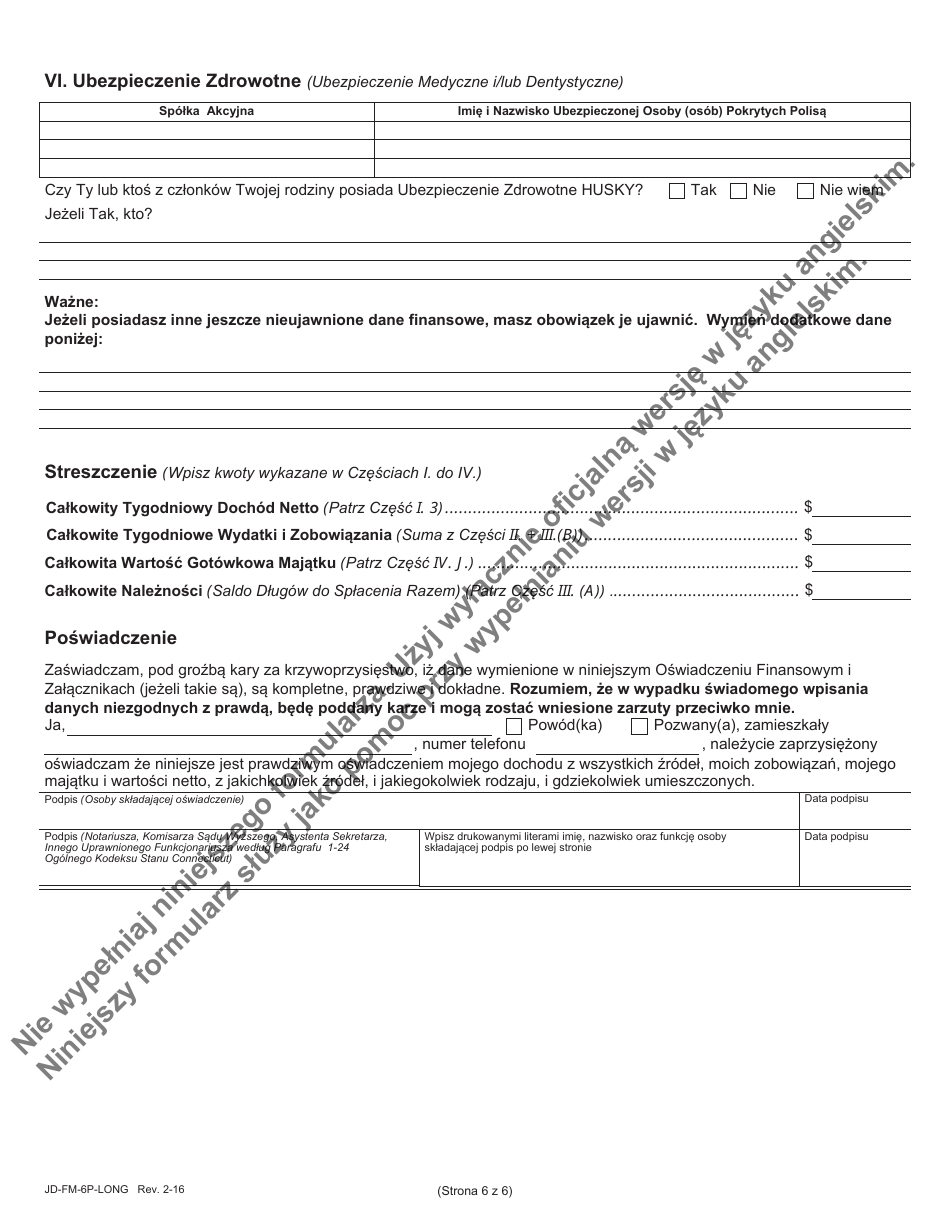 Form JD-FM-6P-LONG Financial Affidavit - Connecticut (Polish), Page 6
