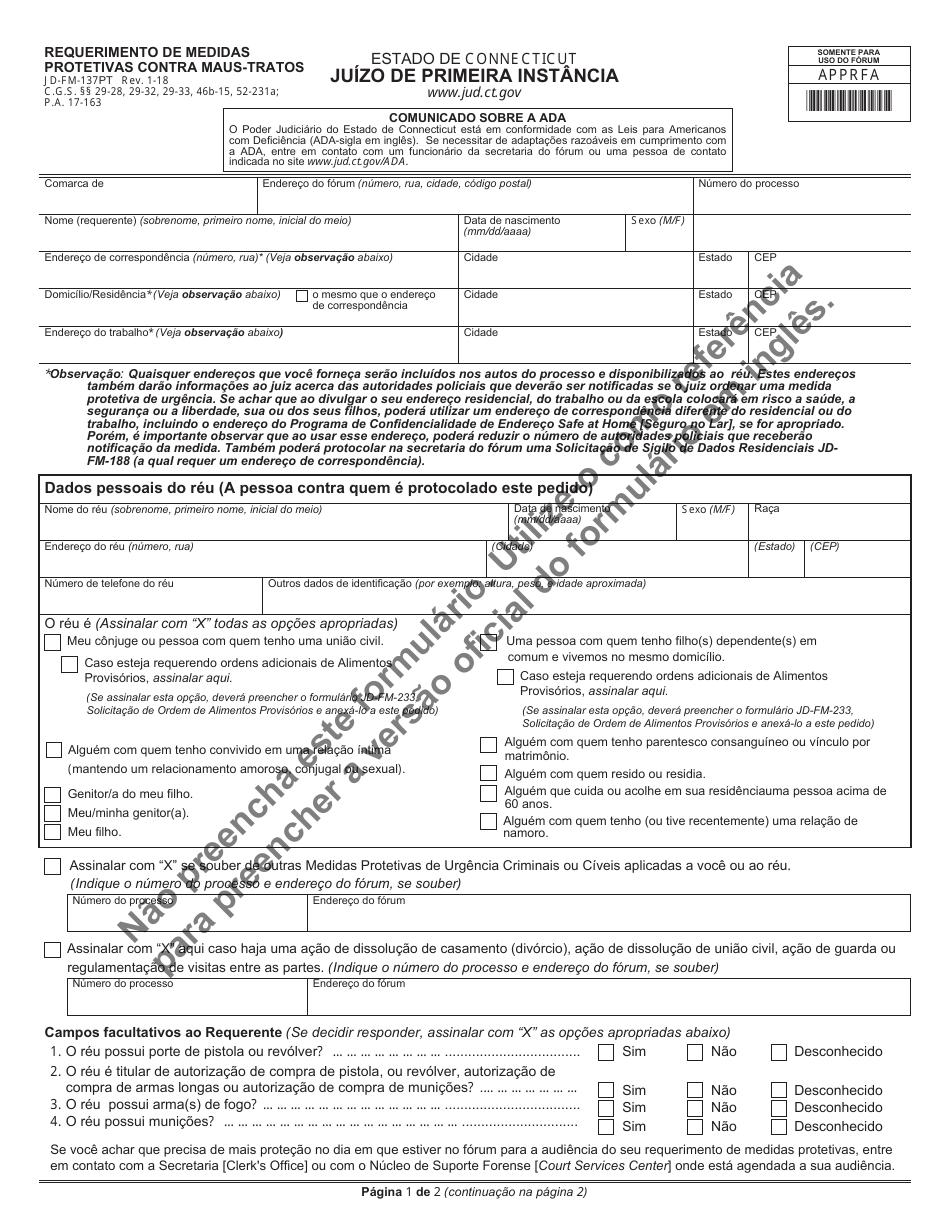 Form JD-FM-137PT Application for Relief From Abuse - Connecticut (Portuguese), Page 1