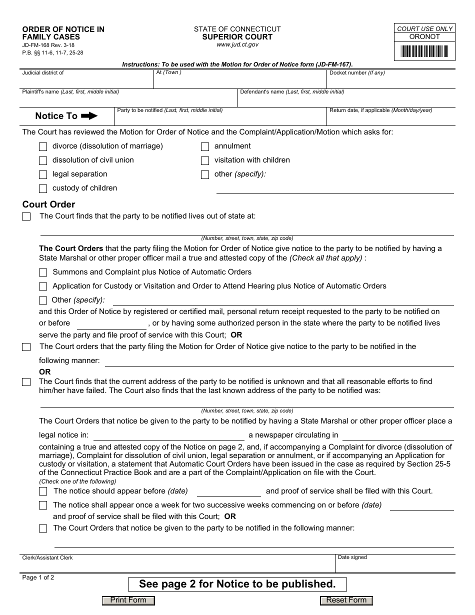 Form JD-FM-168 Order of Notice in Family Cases - Connecticut, Page 1