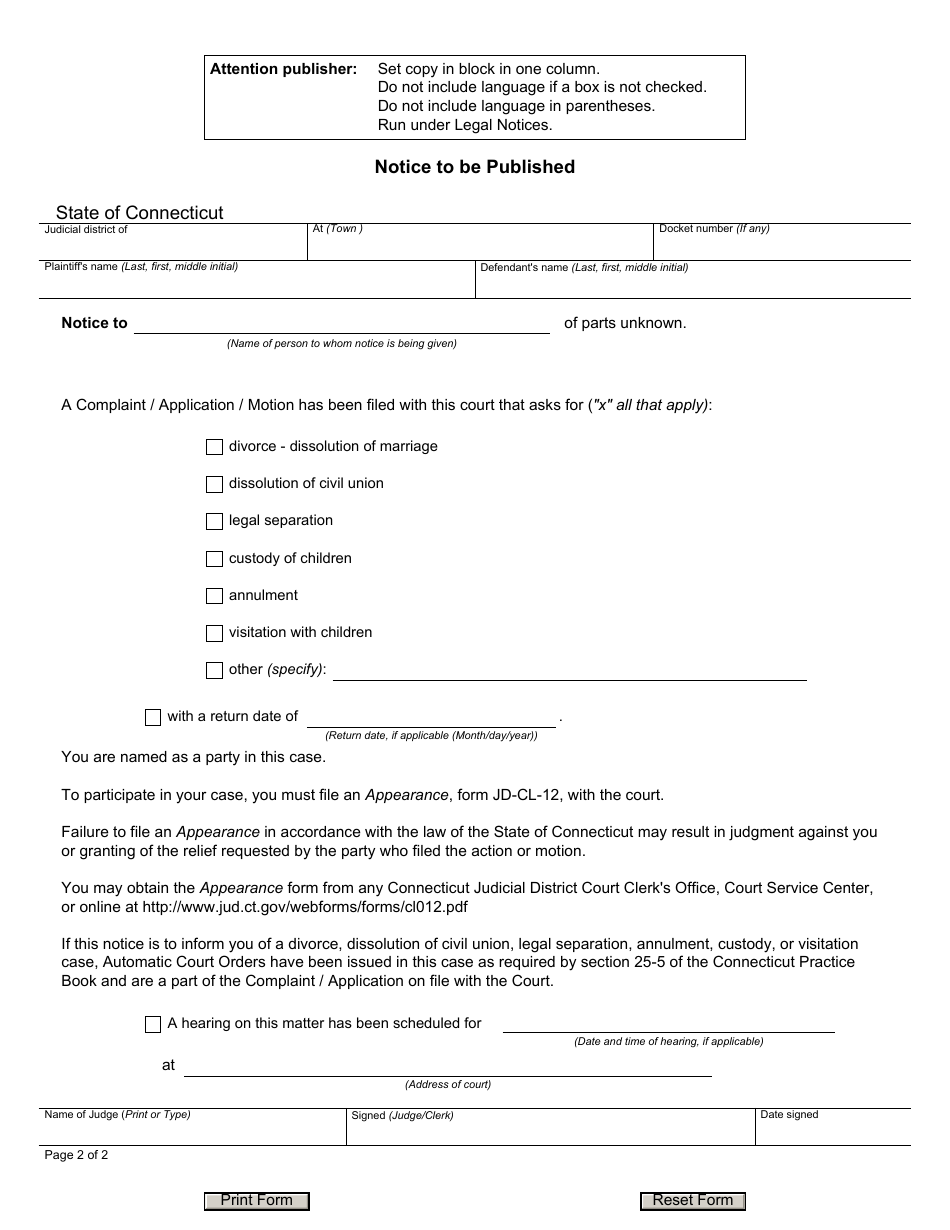 Form JD-FM-168 Order of Notice in Family Cases - Connecticut, Page 2