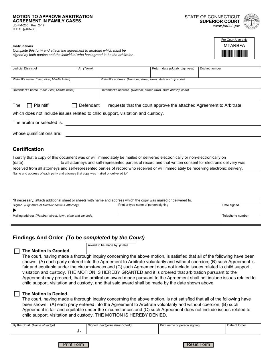 Form JD-FM-200 Motion to Approve Arbitration Agreement in Family Cases - Connecticut, Page 1