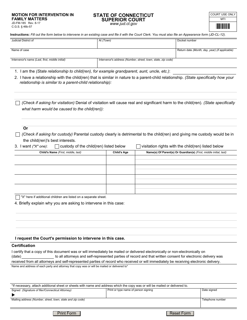 Form JD-FM-185 Motion for Intervention in Family Matters - Connecticut, Page 1