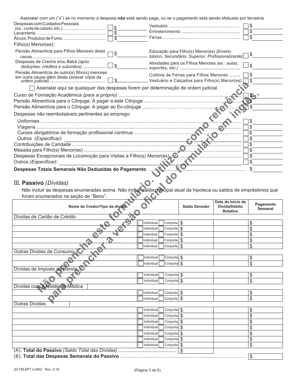 Form JD-FM-6PT-LONG Financial Affidavit - Connecticut (Portuguese), Page 3