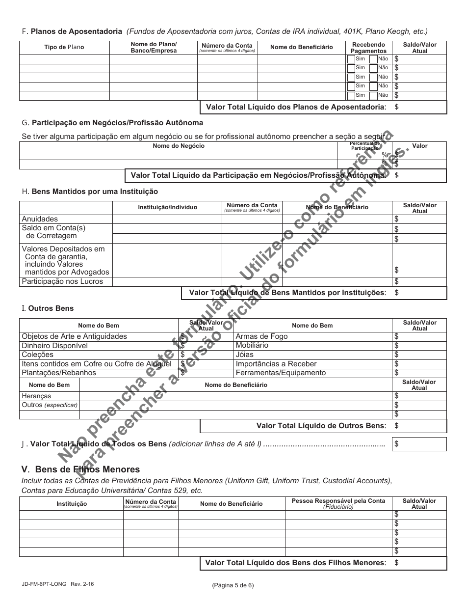 Form JD-FM-6PT-LONG Financial Affidavit - Connecticut (Portuguese), Page 5
