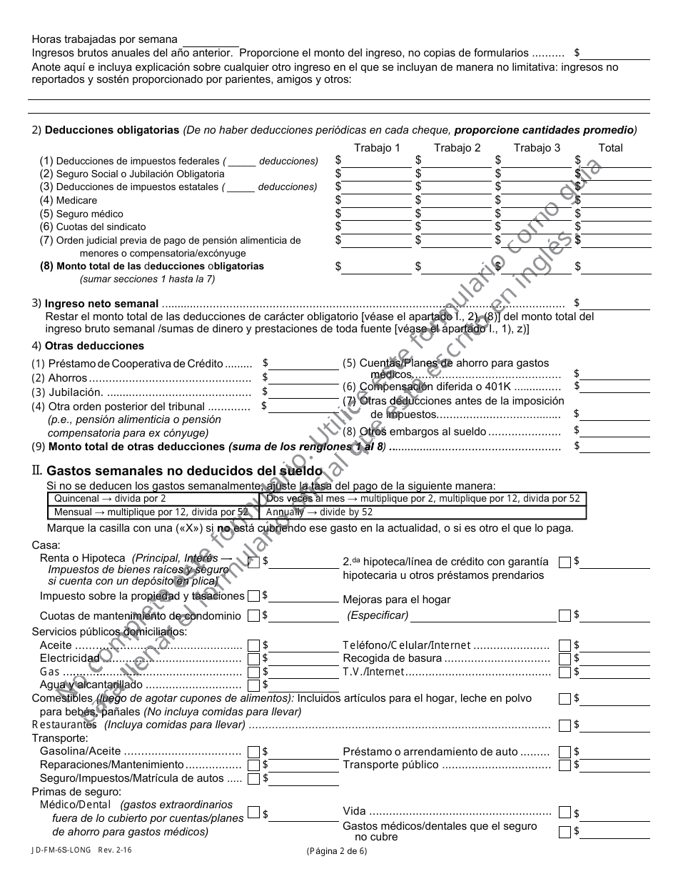 Formulario JD-FM-6S-LONG Declaracion Jurada De Recursos Economicose - Connecticut (Spanish), Page 2