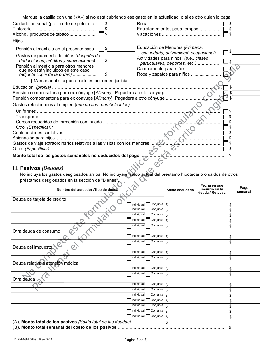 Formulario JD-FM-6S-LONG Declaracion Jurada De Recursos Economicose - Connecticut (Spanish), Page 3