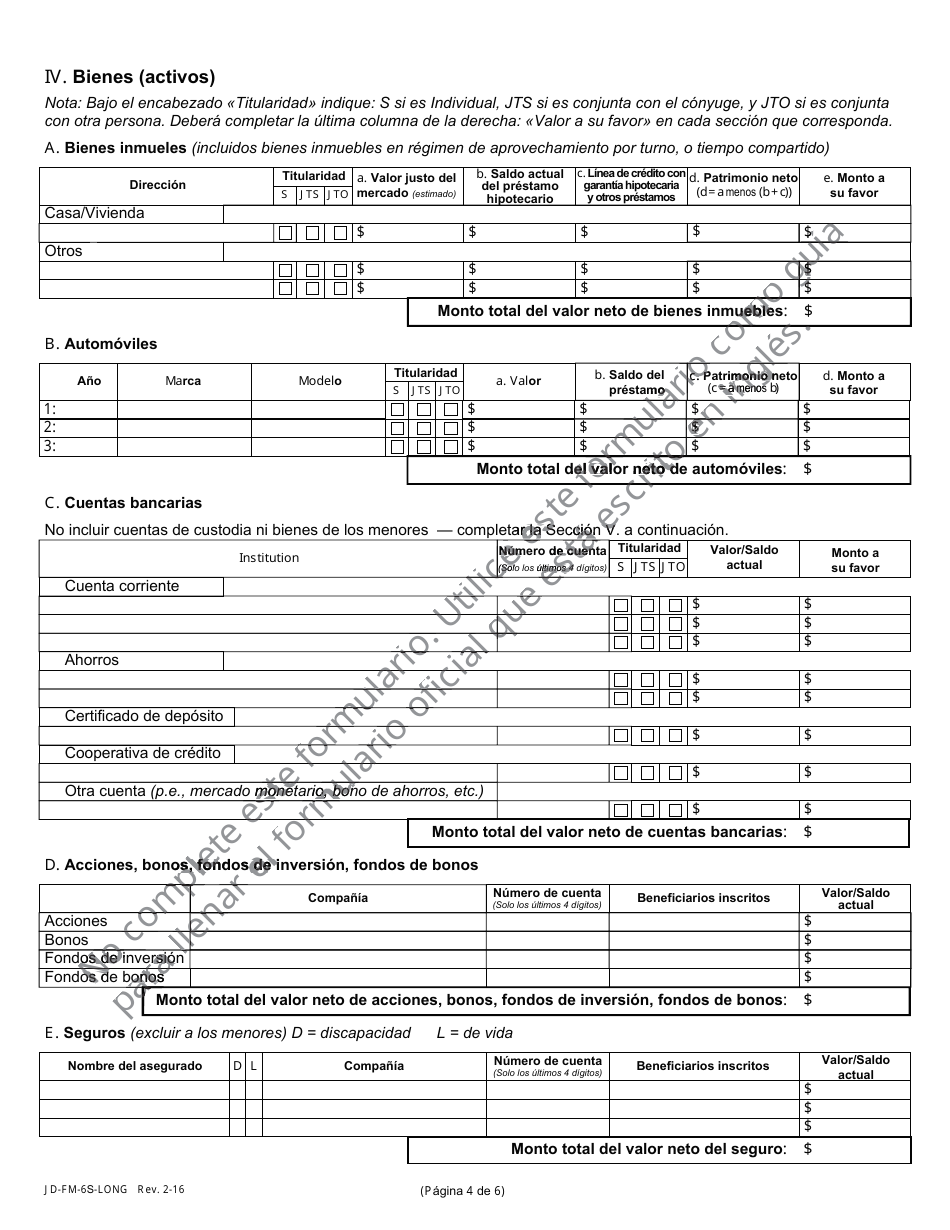 Formulario JD-FM-6S-LONG Declaracion Jurada De Recursos Economicose - Connecticut (Spanish), Page 4