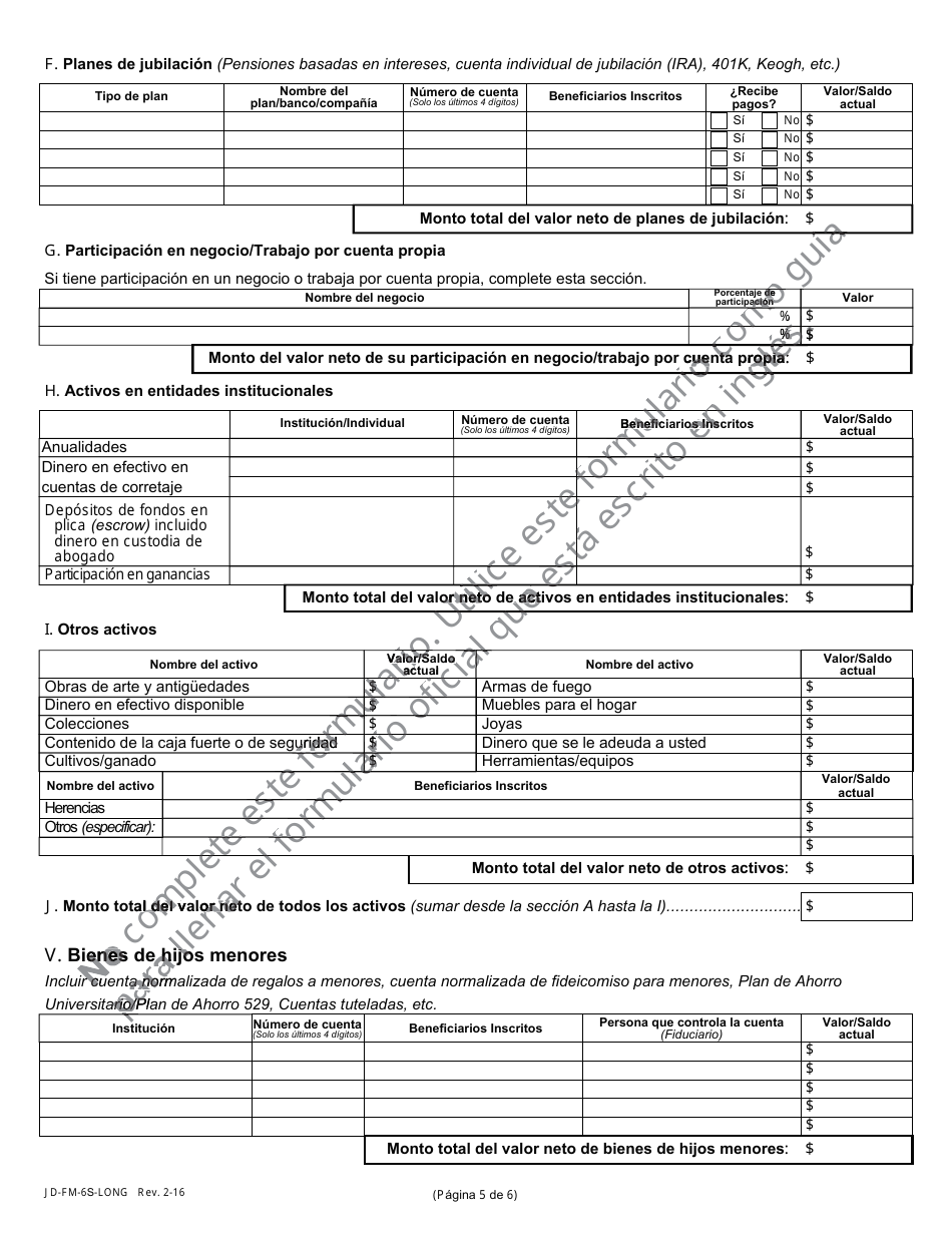 Formulario JD-FM-6S-LONG Declaracion Jurada De Recursos Economicose - Connecticut (Spanish), Page 5