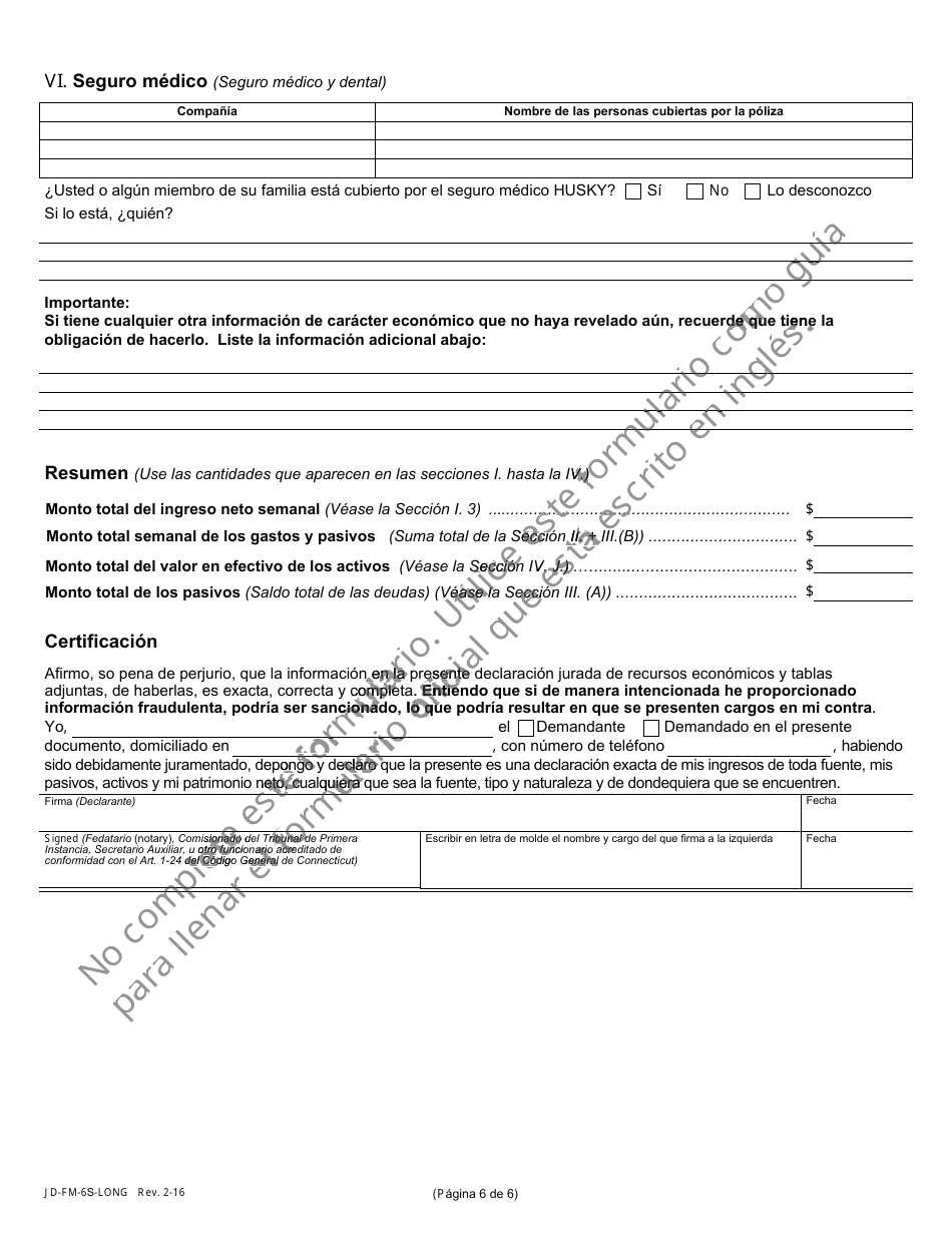 Formulario JD-FM-6S-LONG Declaracion Jurada De Recursos Economicose - Connecticut (Spanish), Page 6