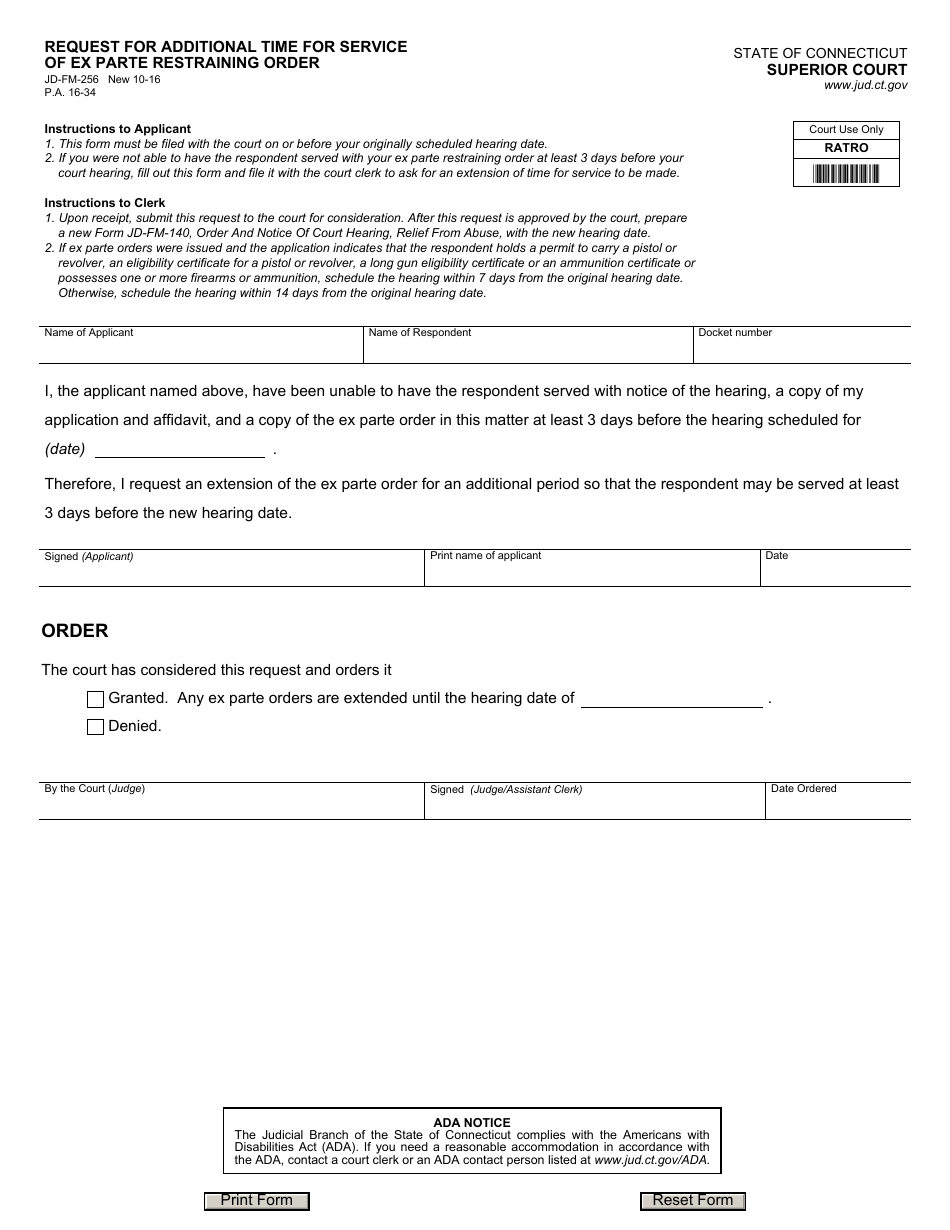 Form JD-FM-256 Request for Additional Time for Service of Ex Parte Restraining Order - Connecticut (English / Spanish), Page 1