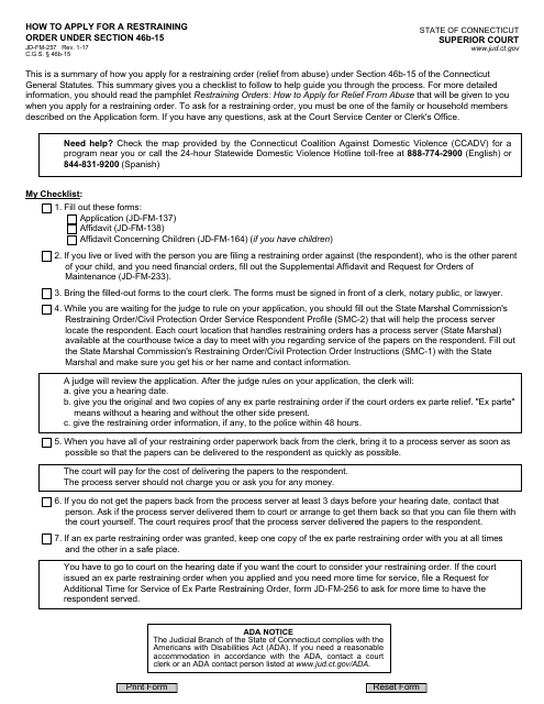 Form JD-FM-257 Applying for a Restraining Order Under Section 46b-15 Checklist - Connecticut (English/Spanish)
