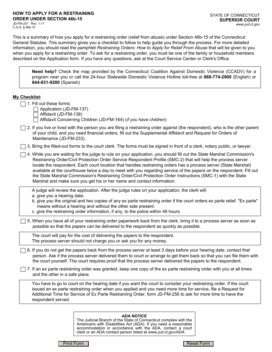 Form JD-FM-257 Applying for a Restraining Order Under Section 46b-15 Checklist - Connecticut (English / Spanish), Page 1