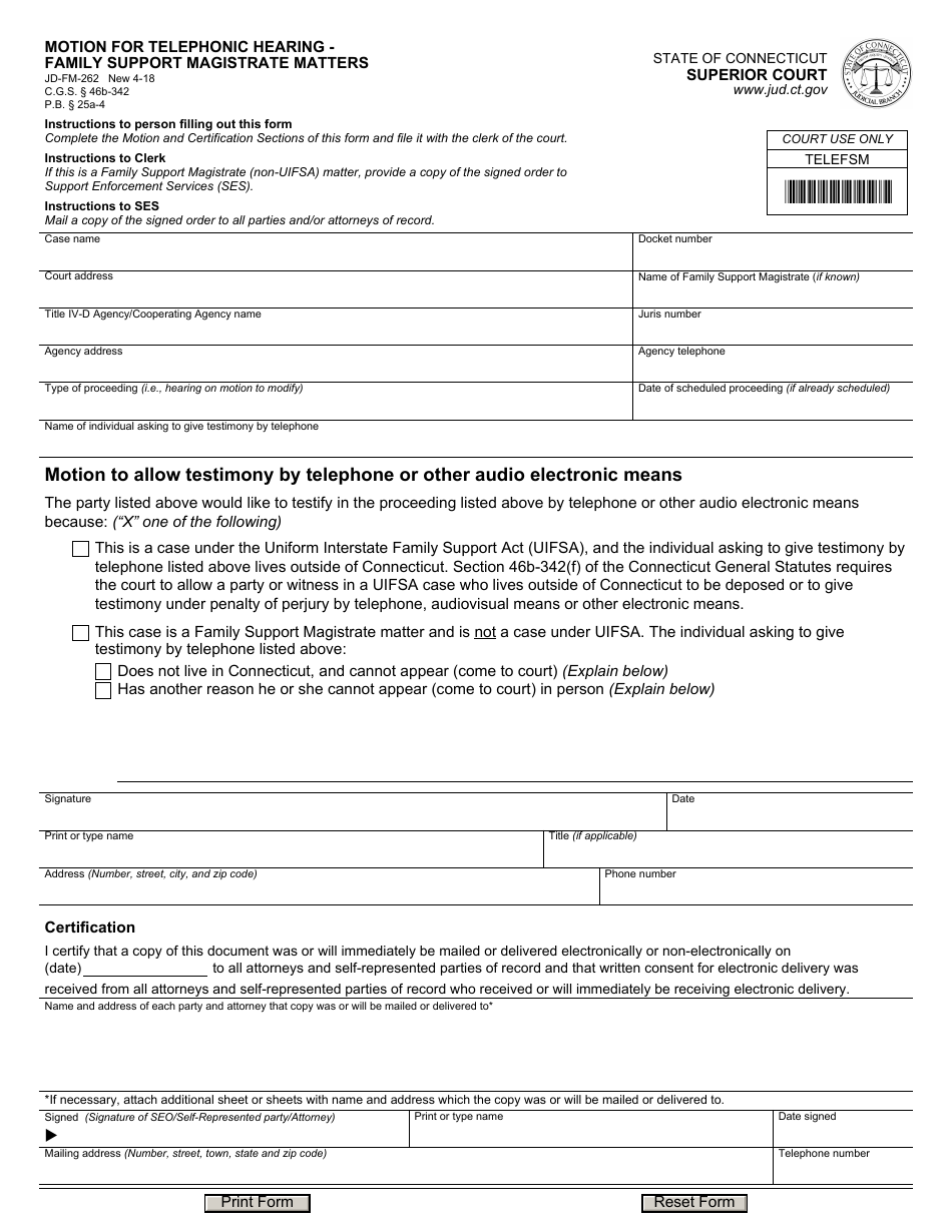 Form JD-FM-262 Motion for Telephonic Hearing - Family Support Magistrate Matters - Connecticut, Page 1