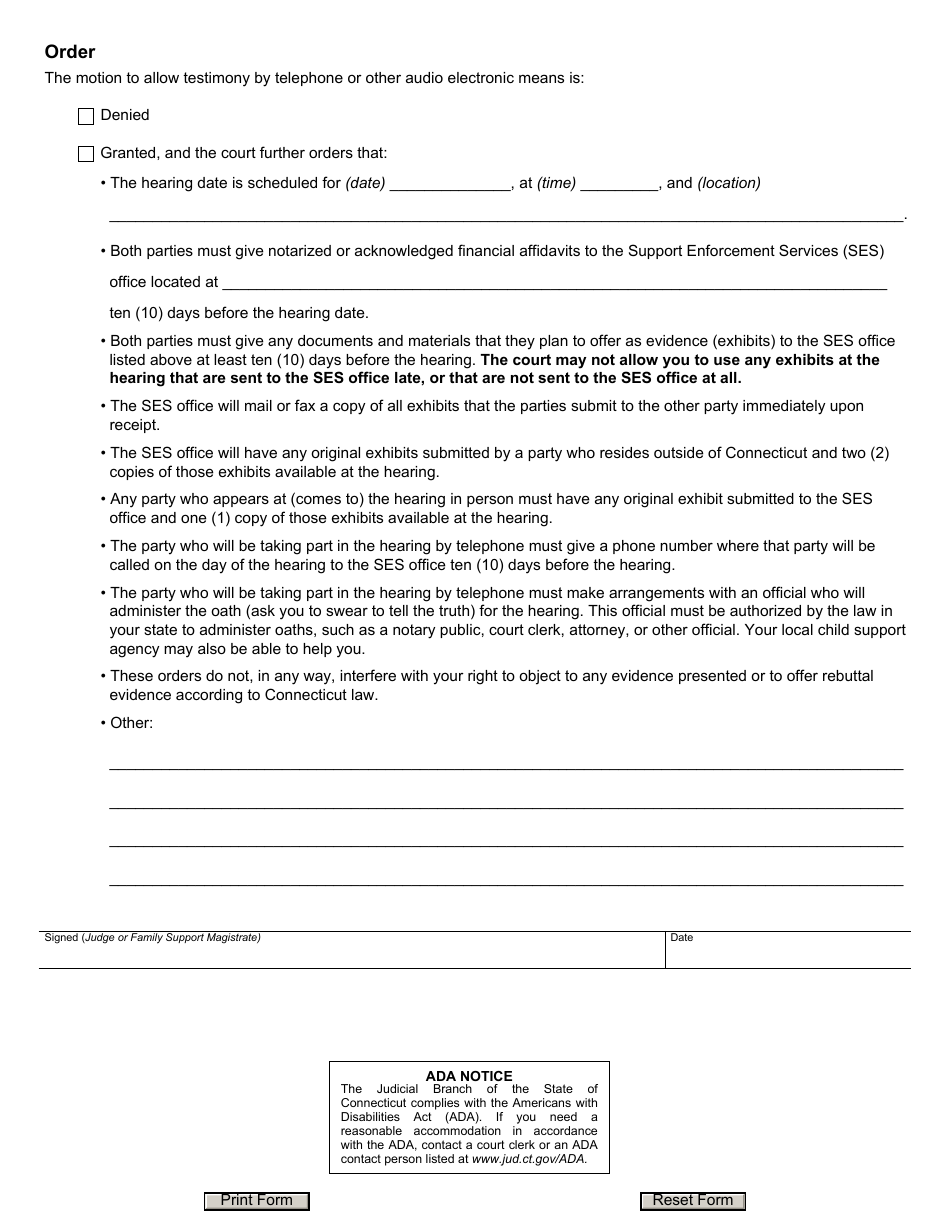 Form JD-FM-262 Motion for Telephonic Hearing - Family Support Magistrate Matters - Connecticut, Page 2