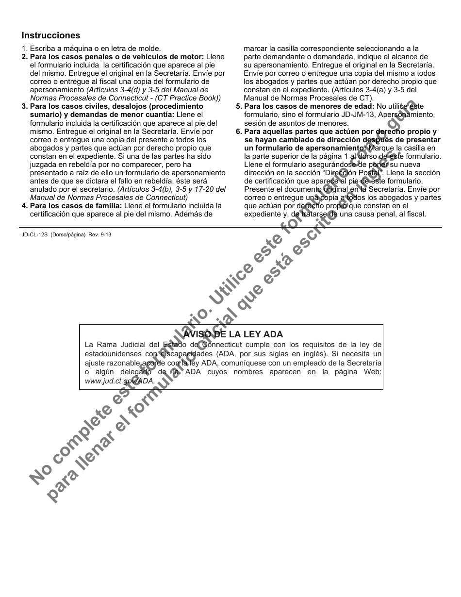 Formulario JD-CL-12S Apersonamiento - Connecticut (Spanish), Page 1