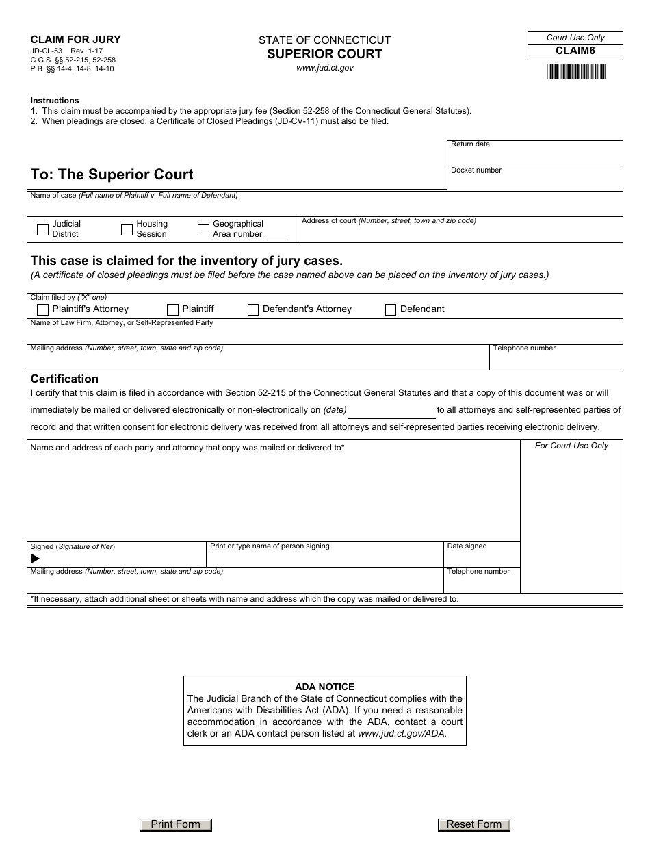 Form JD-CL-53 Claim for Jury - Connecticut, Page 1