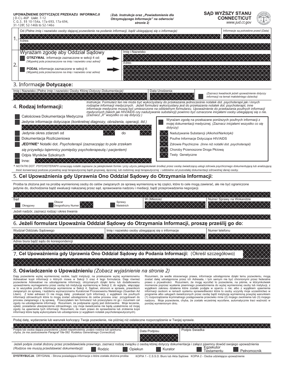 Form JD-CL-46P Authorization for Information - Connecticut (Polish), Page 1