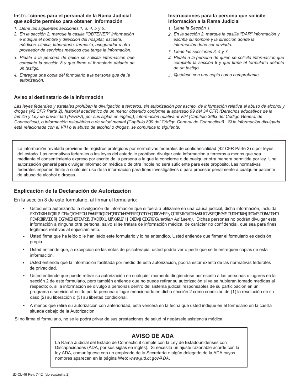 Formulario JD-CL-46S Autorizacion Para Obtener Informacion - Connecticut (Spanish), Page 2