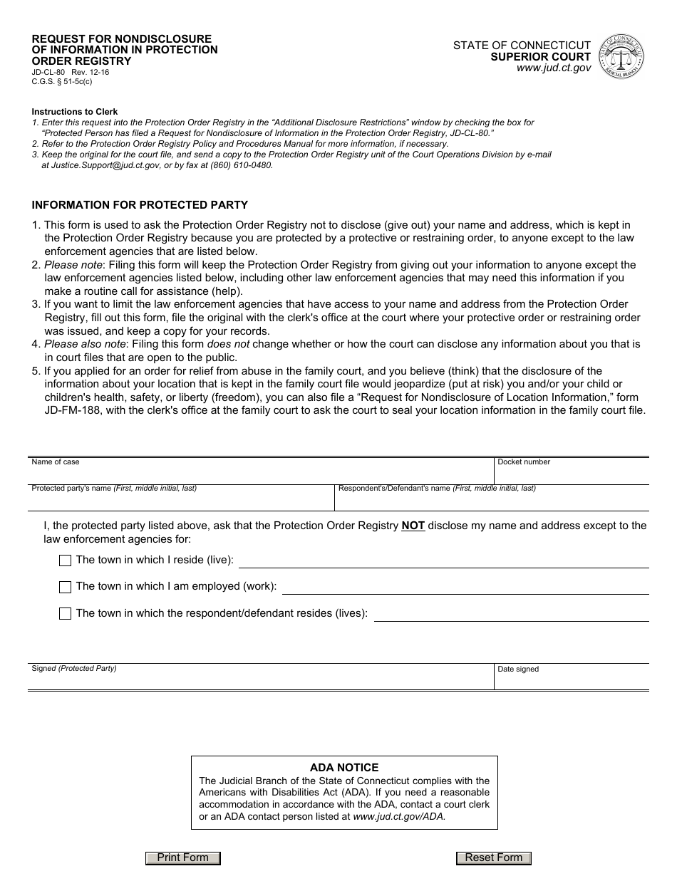 Form JD-CL-80 Request for Nondisclosure of Information in Protection Order Registry - Connecticut, Page 1