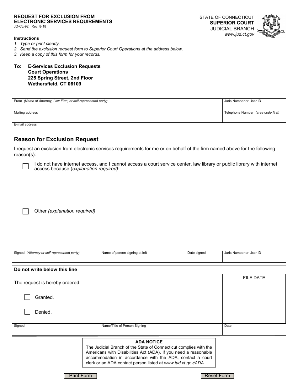 Form JD-CL-92 Request for Exclusion From Electronic Services Requirements - Connecticut, Page 1